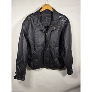 Joshua Ross Mens Black Leather Bomber Jacket Vintage Zip Up Snap Collar Large